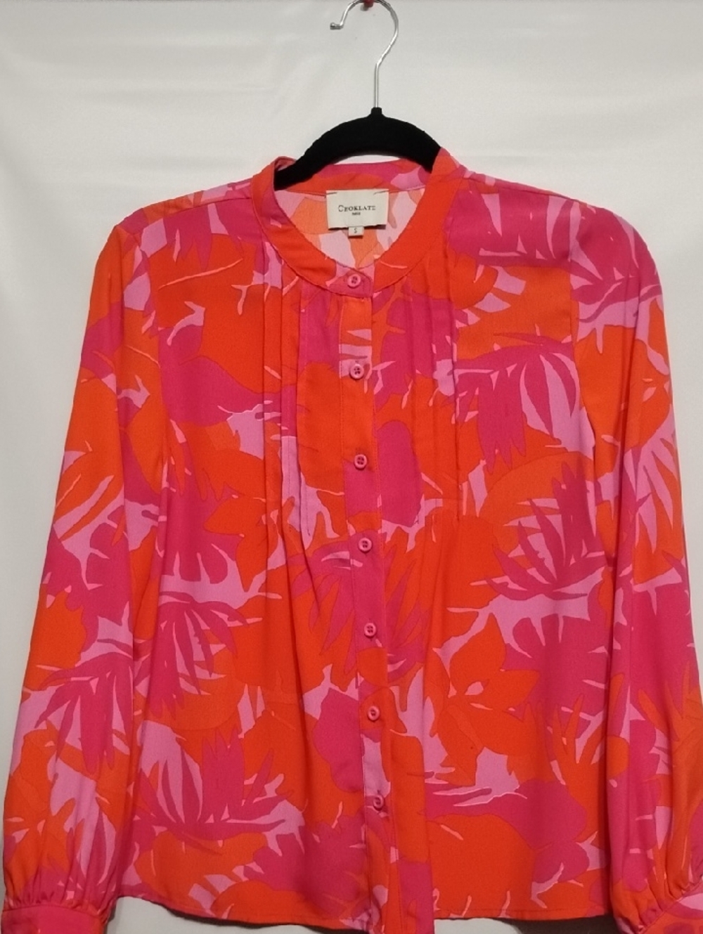 Choklate Paris  Pink & Orange Tropical Print Barbiecore Button-Up Pintuck Blouse